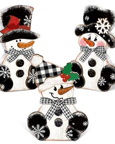 GlikCeil 3 Pcs Winter Snowman Wooden Table Decorations Centerpiece Block Holiday Wood White and Black Winter Snowman Tiered Tray Tabletop Sign for Office Dining Room Mantle Party Supplies Home