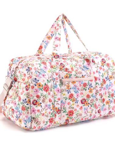 Dansydaisy Large Quilted Travel Duffle Bag for Women Floral Portable Gym Weekender Bag with Zipper Pockets Workout Grocery Pouch Duffle Gift Pouch for Work(Pink Floral)