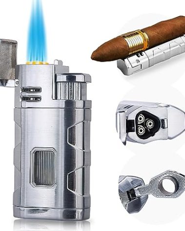 PROMISE Metal Lighter Triple Jet Flame Refillable Butane Lighters Windproof Lighter- Butane Not Included (Chrome)