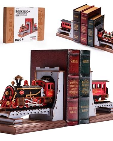 Rolife 3D Puzzles for Adults DIY Book Nook Kit Wooden VintageTrain Decorative Bookends 6.5" Model Building Kit Crafts for Adults Gifts for Boys Girls