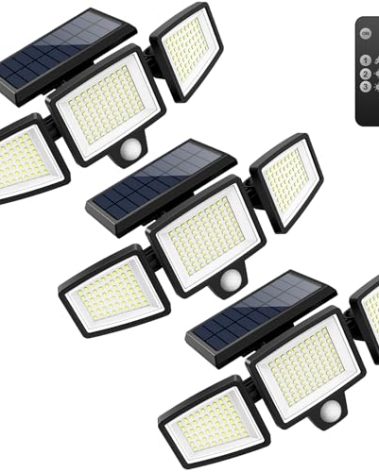 Tuffenough Solar Outdoor Lights 2500LM 210 LED Security Lights with Remote Control,3 Heads Motion Sensor Lights, IP65 Waterproof,270° Wide Angle Flood Wall Lights with 3 Modes(3 Packs)