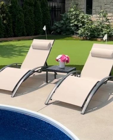 PURPLE LEAF Patio Chaise Lounge Set of 3 Outdoor Lounge Chair Beach Pool Sunbathing Lawn Lounger Recliner Chiar Outside Tanning Chairs with Arm for All Weather, Side Table Included, Beige