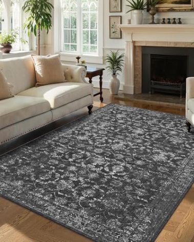 Washable Area Rug 5x7 Black Rugs for Living Room, Vintage Boho Large Rug for Bedroom Dining Room Office, Distressed Floral Print Carpet for Under Table, Soft Non Slip Low Pile Throw Carpet Indoor Mat