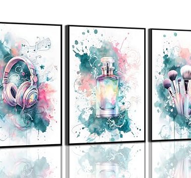 3pcs Tween Teen Girls Bedroom Wall Art Pictures Blue Green Prints Preppy Canvas Wall Decor Perfume Makeup Brushes And Headset Music Lover Teenager Posters Painting for Mature Girls Bedroom Unframed