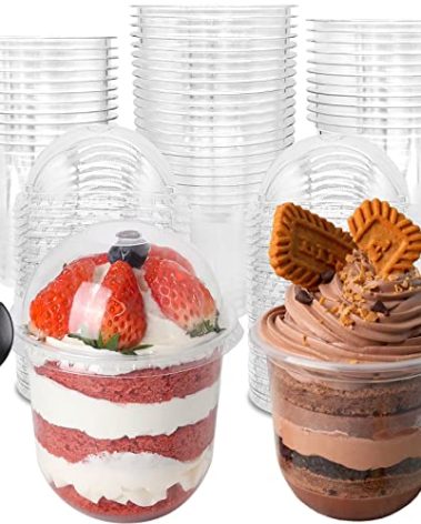 50 Pack 12OZ Clear Plastic Cups with Dome Lids and Sporks No Hole Disposable Fruit Cups for Dessert,Cupcake,Parfait,Pudding,Iced Cold Drinks,Snacks,Fruits,Bakeries,Ice Cream