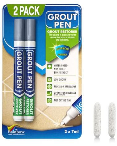 Grout Pen Grey Tile Paint Marker: Waterproof Grout Paint, Tile Grout Colorant and Sealer Pen - Narrow 5mm, 2 Pack with Extra Tips (7mL) - Grey