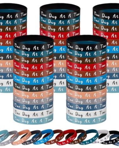 60 Pcs One Day at a Time Silicone Motivational Wristbands 12 Color Inspirational Rubber Wristband Bracelets Sobriety Gifts for Addiction Recovery Sober Anniversary Alcoholics Anonymous Men and Women