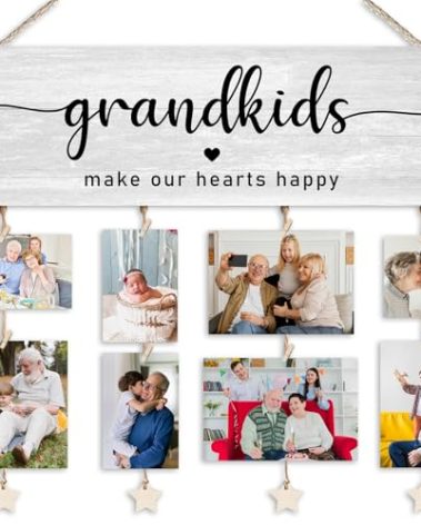 Orchroma Grandma Gifts,Grandkids Picture Frames Collage Wall Decor,Grandchildren Photo Board,Hanging Photo Display with Clips,Grandkids Make Our Hearts Happy,Home Liveing Room Bedroom Wall Decor