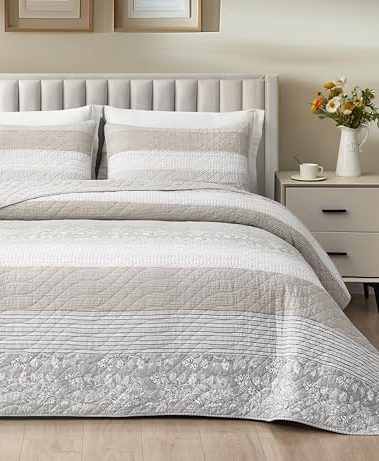 Chezmoi Collection Robyn 3-Piece Neutral Taupe Gray White Floral Hibiscus Flower Patchwork Striped Quilt Set - Pre-Washed Cotton Coverlet - Lightweight Reversible Bedspread, King Size