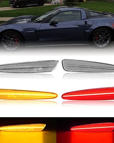 R&F Auto 4PCS LED Side Marker Lights Compatible with Corvette C6 (2005-2013)/Z06/ZR1/Grand Sport/Z06 Carbon Amber Red LED Sidemarker Lamps Turn Signal Lights Clear Lens