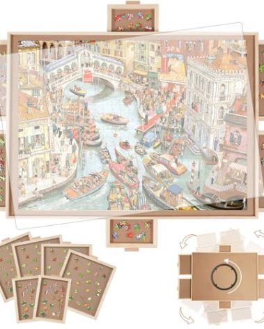 BuilderButler 1500 Pieces Rotating Puzzle Board with 6 Drawers,34.25"x25.2" Portable Wooden Jigsaw Puzzle Table with Lazy Susan Spinning Cover