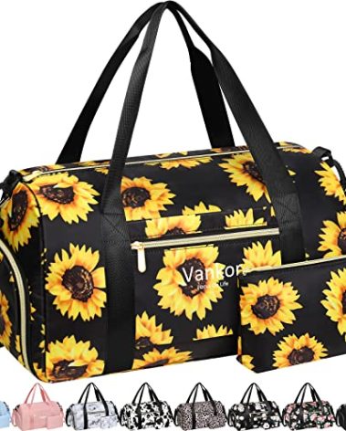 Gym Bag for Women with Shoe Compartment Waterproof, Sports Duffle Bag for Travel Duffel Weekender Carry on Beach Yoga Overnight Luggage Mommy Maternity Hospital Bag Sunflower 17.5 Inch