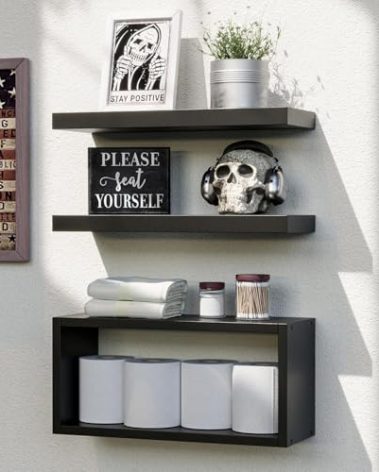 RICHER HOUSE Black Floating Shelves Set of 3, Modern Bathroom Shelves Wall Mounted Shelves for Wall Decor, Over Toilet Black Wall Shelves for Bathroom Bedroom, Living Room, Kitchen