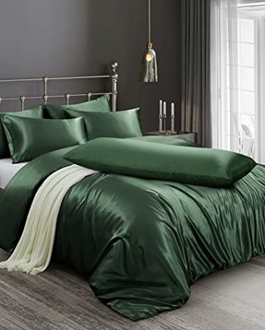 Ersmak 6 Pieces Satin Duvet Cover Full/Queen Size Luxury Silky Bedding Duvet Cover Set with 1 Soft Duvet Cover, 4 Queen Pillowcases and 1 Body Pillowcase, Emerald Green
