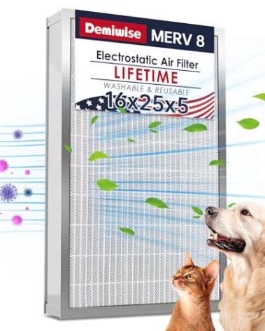 16x25x5 Reusable Electrostatic Air Filter, MERV 8 Lifetime Aluminum AC/HVAC Furnace Filter, Honeywell FC100A1029, Lennox X6670, Carrier, Bryant Increases Airflow（Actual Size:15.75"x 24.5"x4.75")