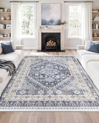zesthome 7x9 Area Rug, Super Soft Washable Rugs for Living Room, Non-Slip Stain Resistant Vintage Rugs, Ultra-Thin Large Area Rugs (Blue/Beige,7'x9')