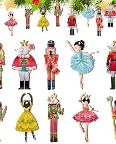 Vercraft 50 Pcs Christmas Nutcracker Wooden Ornaments Christmas Nutcracker Tree Hanging Decoration Mini Girls Princess Ballet Mouse King Figure with Ropes for Xmas Tree Home Decor(Pink)