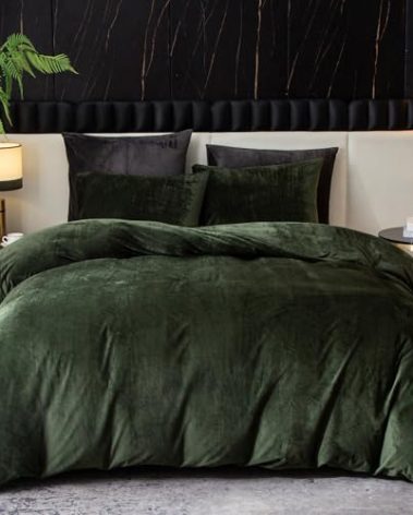 Ivellow Velvet Duvet Cover Queen Set Dark Green Comforter Cover 3Pcs Ultra Soft Cover Breathable Solid Luxury Flannel Velour Duvet Cover Zipper Closure Corner Tie