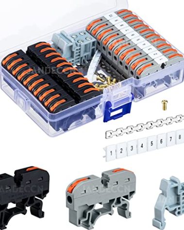 JANDECCN DIN Rail Terminal Blocks Kit, 20pcs Universal Compact Wire Connectors + 2pcs Connection Bar + 2pcs Marker Strip + 2pcs Terminal End Stopper + 20pcs Screws for 24-12 AWG