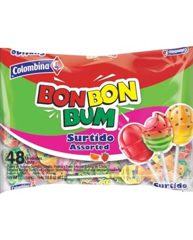 Colombina Bon Bon Bum Assorted Lollipops Fruit Hard Candy, Individually Wrapped Sweet Fruit Pops, 48 Count (Pack of 1)