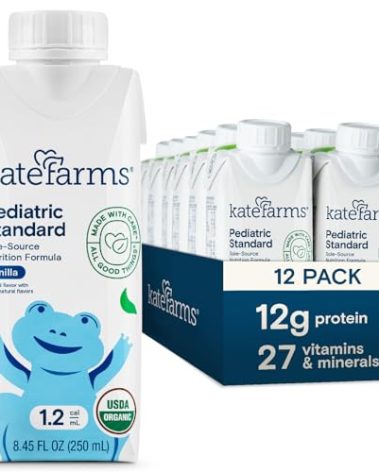 KATE FARMS Organic Plant Based Pediatric 1.2 Sole Source Vanilla Nutrition Shake, 12g of protein, 27 Vitamins and Minerals, Meal Replacement Drink for Kids, Non-GMO, 8.45 Fl oz (Pack of 12)