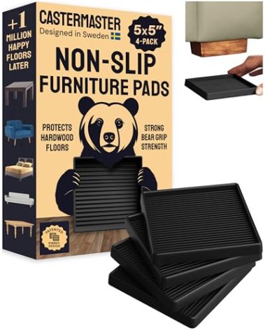CasterMaster Non-Slip Furniture Pads for Hardwood Floors - 5 in x 5 in Pack of 4 - Black - Heavy-Duty Rubber Feet & Floor Protectors for Furniture - Noise-Dampening Anti-Skid Caster Cups
