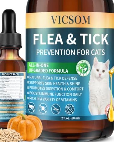 Natural Flea and Tick Prevention for Cats, Herbal Cat Flea and Tick Treatment Support Drops Flea Support with Prebiotics Probiotics for Cats Kitten - Ideal for Sensitive Cat - Salmon Flavor