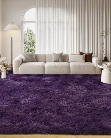 FinRèc 9x12 Fluffy Purple Rugs for Living Room Bedroom, Soft Indoor Fuzzy Shaggy Area Rug, Non-Slip Furry Rug for Teen Girls and Boys,Nursery Kids Room Dorm Home Decor, High Pile Plush Floor Carpet