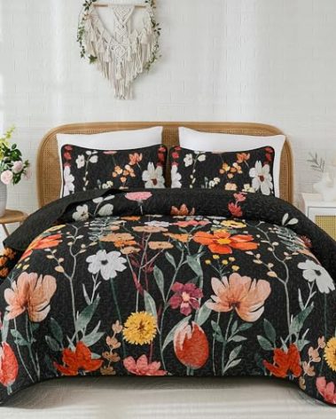 Anibedding Black Quilt Set King Size, Colorful Floral Bedspread with 2 Pillowcases, Soft Microfiber Lightweight Coverlet Bedding Set for All Season(104"x90")