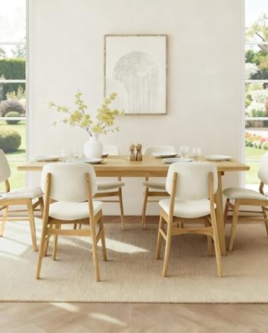 KISLOT Wooden Dining Chairs Set of 6, Upholstered Modern Dining Room Chairs, Mid Century Solid Oak Wood Kitchen Chairs for Living Room, Restaurant, Farmhouse (Cream Fabric & Original Color)