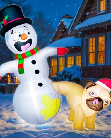 zukakii 5FT Christmas Inflatables Pug Dog Peeing on Snowman, Christmas Decoration Outdoor Built-in Bright LED Light Christmas Blow Up Yard Decorations Blowups for Holiday Party Xmas New Year