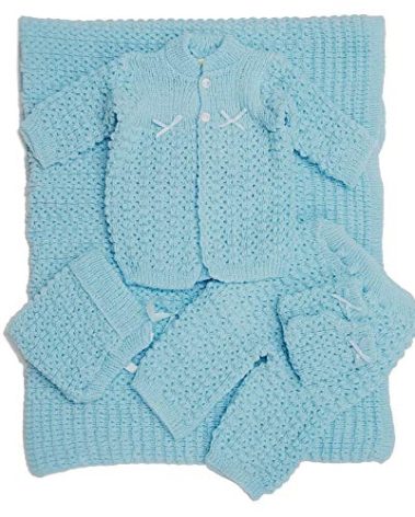 Newborn Baby Crochet Blanket 5 Piece Set Hat, Booties, Sweater, Pants (Blue)