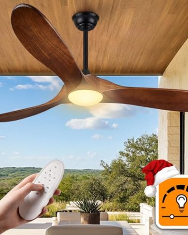 Haipeel 52 Inch Outdoor Ceiling Fans with Lights, Propeller Solid Wood Ceiling Fan with Light and Remote Control 3 Blades Damp Rated Outdoor Fan Quiet for Patios Farmhouse Bedroom Sunroom, Dark Walnut