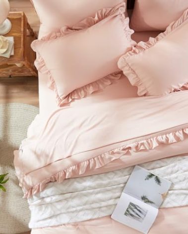 Anluoer Full Comforter Set 7 Piece, Pink Bed in a Bag with Shams, All Season Ruffle Shabby Chic Bedding Sets with 1 Comforter, 2 Pillow Shams, 2 Pillowcases, 1 Flat Sheet