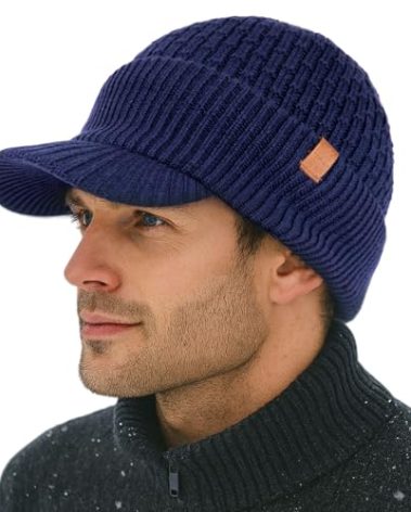 TOP-EX Waterproof Visor Beanie Hat for Men Women Winter Knit Skull Cap with Brim, Merino Wool Fleece Lined Warm Headwear for Cold Weather Navy M/L