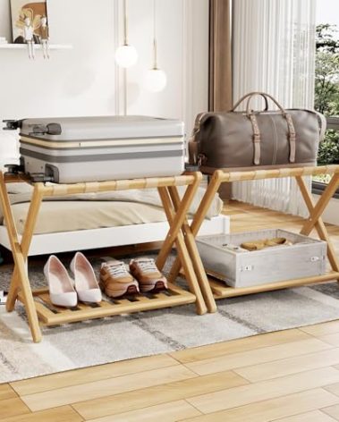 Oakvora Full Assembled 26.77"L Luggage Rack for Guest Room, Set of 2 Foldable Suitcase Stand with 5 Nylon Straps, Luggage Holder with Shoe Shelf for Suitcases Hotel (Natural Wood Bamboo Luggage Stands)