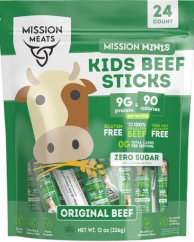 Mission Meats Kids Beef Sticks, 100% Grass Fed, Healthy Snacks for Kids, Zero Sugar, 9g Protein per Serving, Gluten & Nut Free, Individually Wrapped, Mini 0.5oz (24ct Bag)