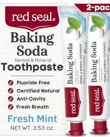 Red Seal Baking Soda Toothpaste - Fluoride-Free Herbal & Mineral Formula, Vegan-Friendly, Cruelty-Free, SLS and Paraben-Free, No Artificial Flavors, NATRUE Certified Natural, Dry Mouth Relief (2 Pack)