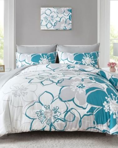 Anibedding Teal Floral Comforter Set King Size 7 Piece, Teal Blue Flower Bed in a Bag, Elegant Botanical Floral Comforter Soft Microfiber Complete Bedding Set for All Season, (Teal, 104"x90")