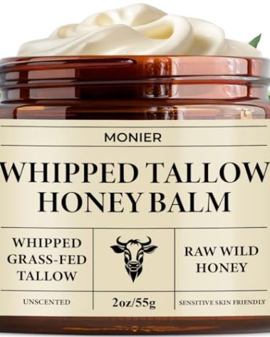 MONIER Whipped Beef Tallow for Skin, Tallow and Honey Balm for Face, Moisturizer with 100% Organic Grass-Fed Beef Tallow & Raw Wild Honey - Packaging May Vary - Dry & Sensitive Skin (Unscented)