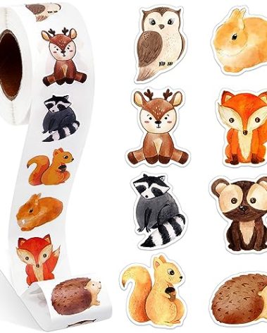 Qeeenar 1 Roll Forest Animal Stickers Decal Reward Cute Office Supplies Incentives Animals Sticker Christmas Party Favor, 500 Pcs Each Roll