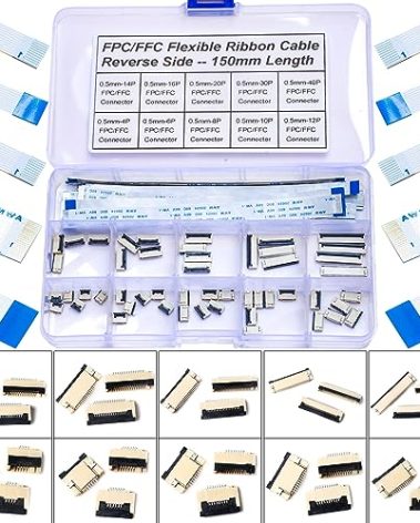 Kidisoii 0.5mm Flexible Flat Cable Connectors Kit, 4/6/8/10/12/14/16/20/30/40Pin FFC FPC Ribbon Sockets Connector with Length of 150mm FPC FFC Flexible Ribbon Cable Reverse Side (0.5mm-RS-Kit)