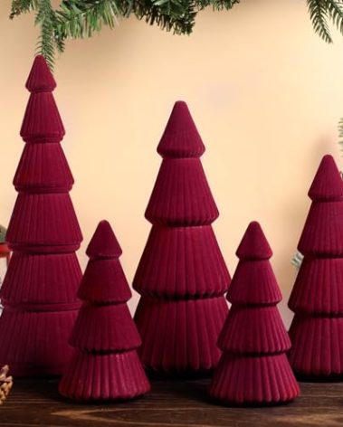 5 Pieces Christmas Velvet Trees Set Modern Christmas Decor 4 Szies Christmas Velvet Cone Trees Table Decoration Winter Decoration for Entryway Mantle Farmhouse(Wine Red)