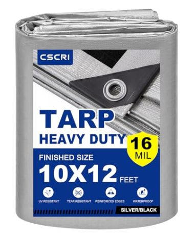 16Mil Tarps Heavy Duty Waterproof 10x12 Finished Size, Large Outdoor Multipurpose Protective Cover (Silver/Black)