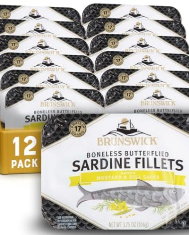 Brunswick Sardines in Mustard & Dill Sauce, 3.75 oz Can (Pack of 12) - Boneless Butterflied Sardine Fillets - Wild Caught - 17g Protein per Serving - Gluten Free, Keto Friendly
