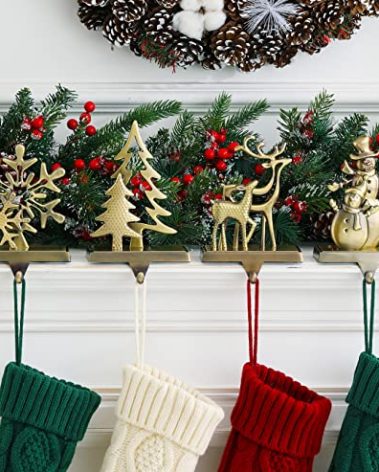 NIGHT-GRING Christmas Stocking Holder - Set of 4 Stocking Hangers Snowman Santa Snowflakes Christmas Tree Deer Stocking Hooks for Fireplace, Shelf, Staircases