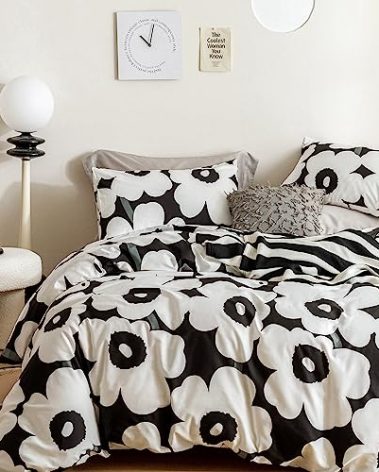 YuHeGuoJi Floral Duvet Cover Queen 100% Cotton Black and White Flower Duvet Cover 3 Pcs Set 1 Cartoon Plant Blossom Patterned Duvet Cover with Zipper Ties 2 Pillowcases Cute Botanical Bedding Set