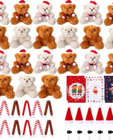 Foilswirl 24 Sets Christmas Mini Plush Bear 4 Inch Stuffed Animal Bulk Small Soft Bear Toys with Santa Hat Scarf Cards Gift Bags for Xmas Gifts Party Favors Holiday Stocking Stuffers Decoration