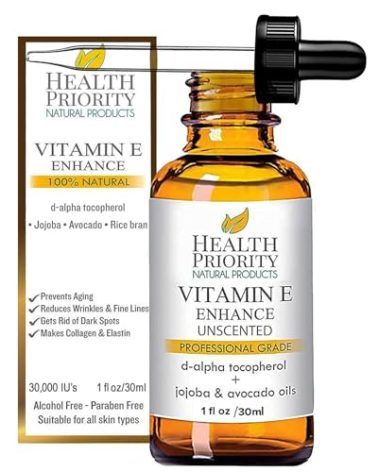 Health Priority Naturals|Organic Vitamin E Oil for Skin - Jojoba, Avocado Oil - Unscented, Handcrafted for Face/Hair, Non-GMO, No Gluten, 30000 IU, 1 Fl oz