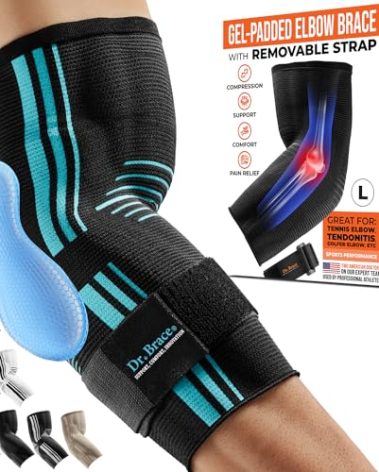 DR. BRACE® Elite Elbow Brace Support, Breathable Elbow Compression Sleeve with Gel Pad for Golfer's, Tennis Elbow & Tendonitis Treatment & Pain Relief 2024 (Black-Blue, Large)